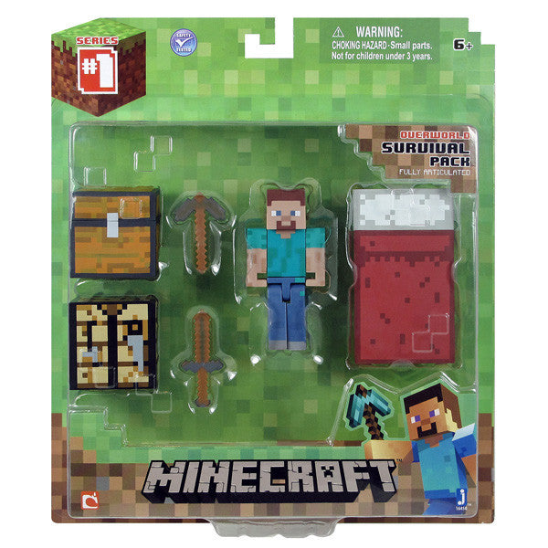 Minecraft Action Figure Overworld Survival Pack including Steve, chest, table, bed, sword, and pickaxe