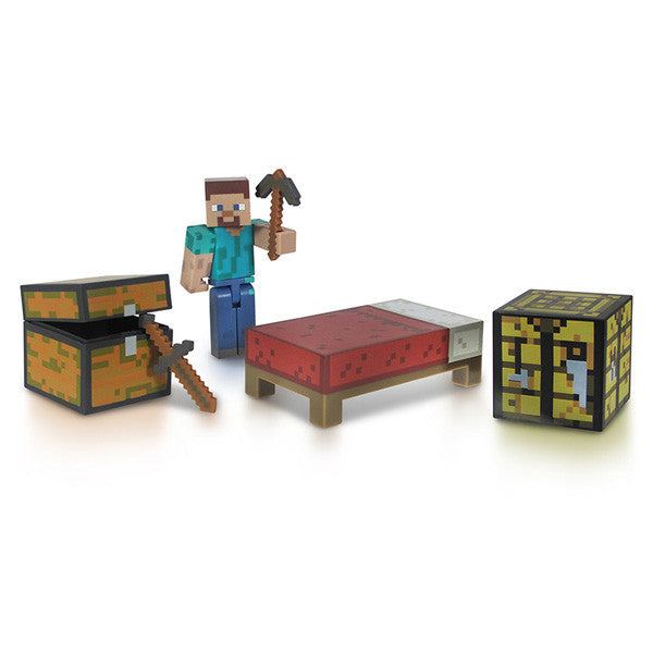 Minecraft Action Figure Overworld Survival Pack including Steve, chest, table, bed, sword, and pickaxe